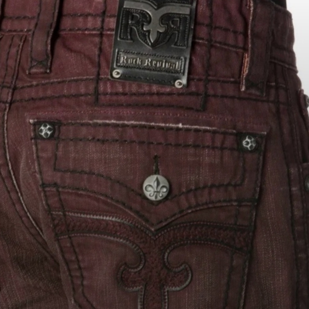 Rock Revival Mens Moto Biker Jeans Sz 30 Distressed Burgundy Dark Red Maroon
